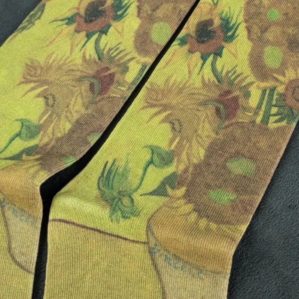 Green yellow color Van Gogh sunflowers in a vase novelty fancy whimsical socks
